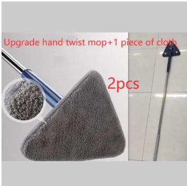 Blue triangle cleaning mop with rotating head and extendable stainless steel pole on a tiled floor