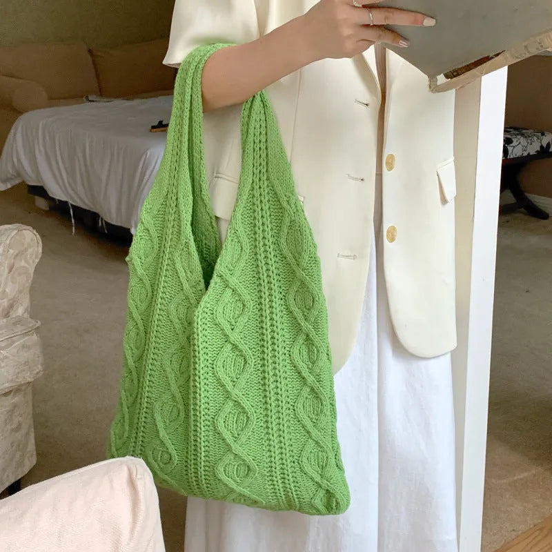 GWomen retro hollow knitted woolen yarn shoulder tote bag in khaki, large 55x37cm size, double straps