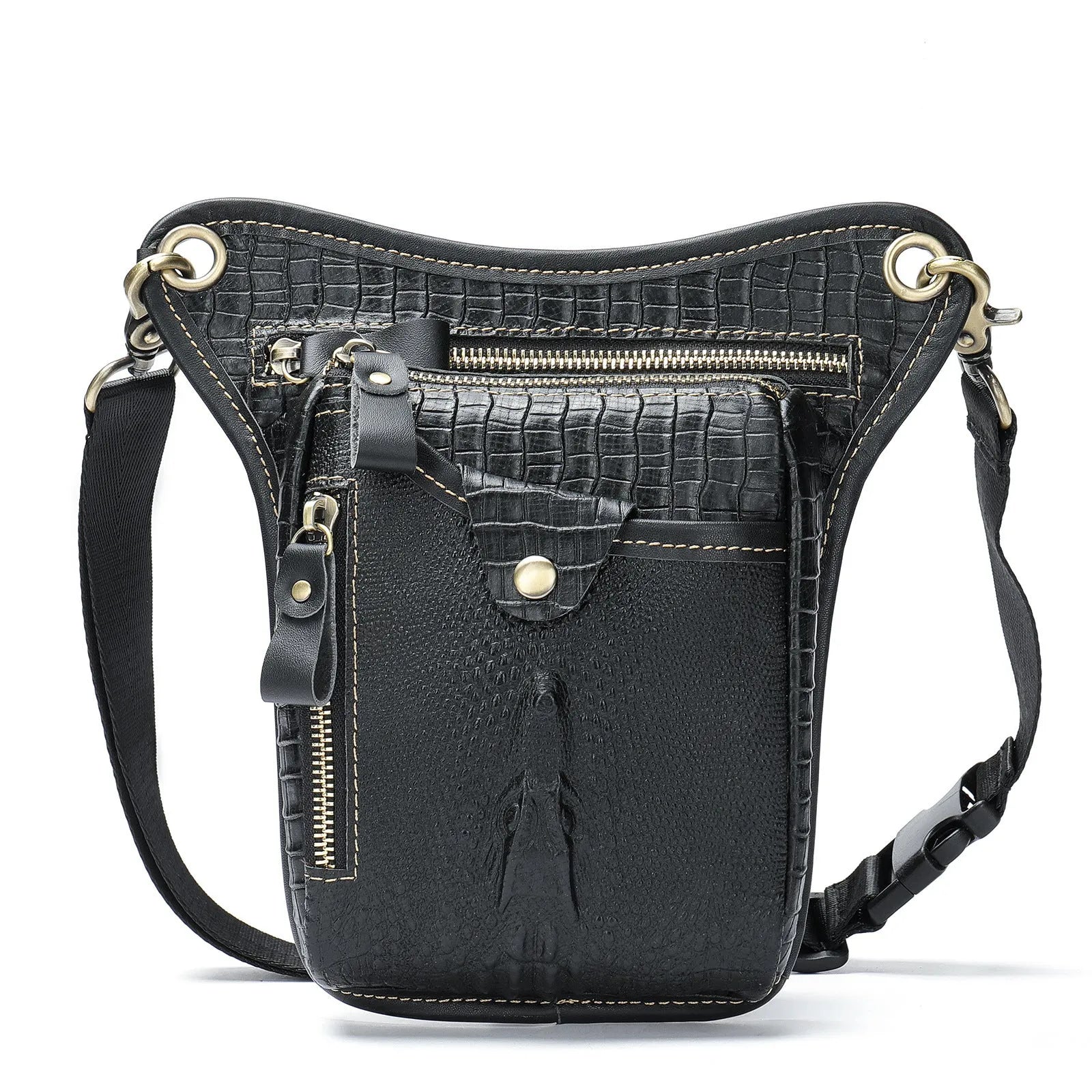Men's brown crazy horse leather vintage satchel bag with flap closure and adjustable shoulder strap.