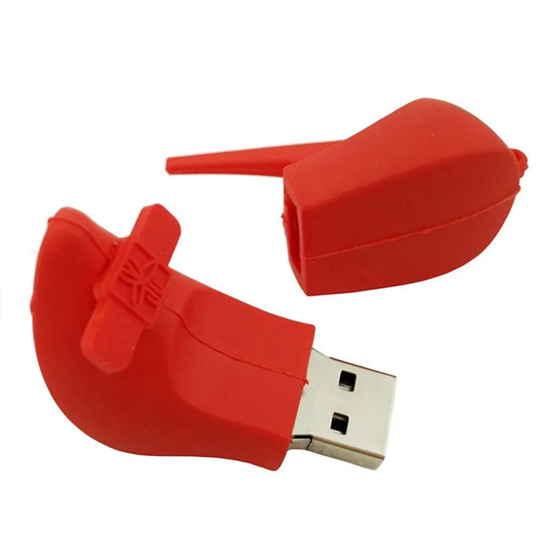 Red PVC USB flash drive with push-pull connector, 16GB capacity, shown next to a ruler for scale
