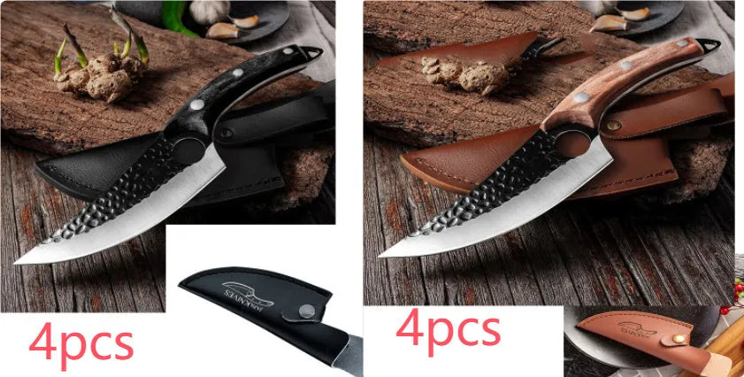 Curved boning butcher knife with hammer-pattern blade and brown leather sheath on a cutting board.