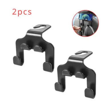 Pack of two black ABS plastic multifunction car hooks for mounting on dashboard or console.