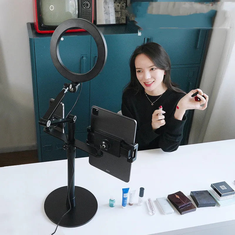 Black mobile phone tablet stand with fill light on floor for live broadcast filming