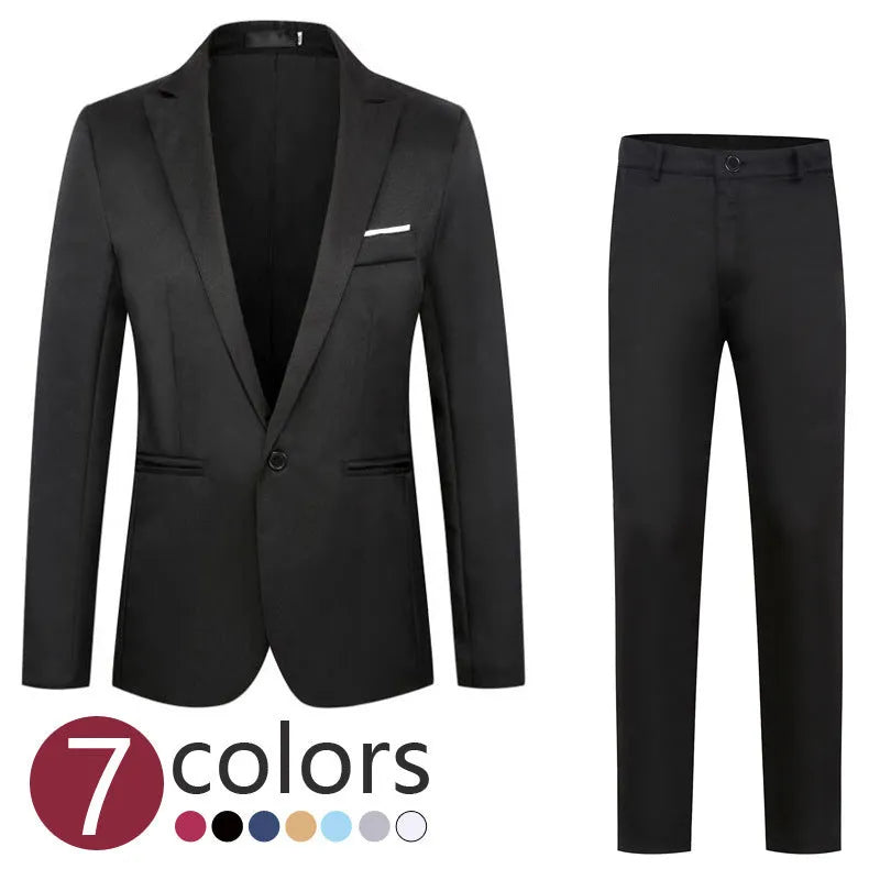 Men's loose fit suit jacket for weddings in various colours including black, blue, and wine red.