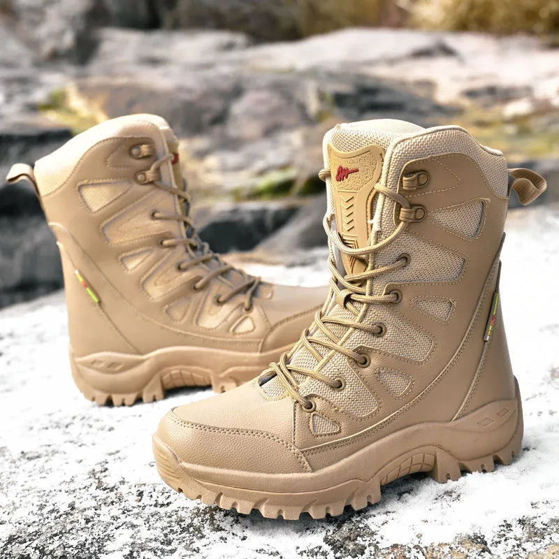 Men's beige cowhide leather hi-top hiking shoes with a platform sole on a neutral background.