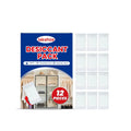12 white anti-odor space desiccant packets with wood pulp casing for household moisture absorption.