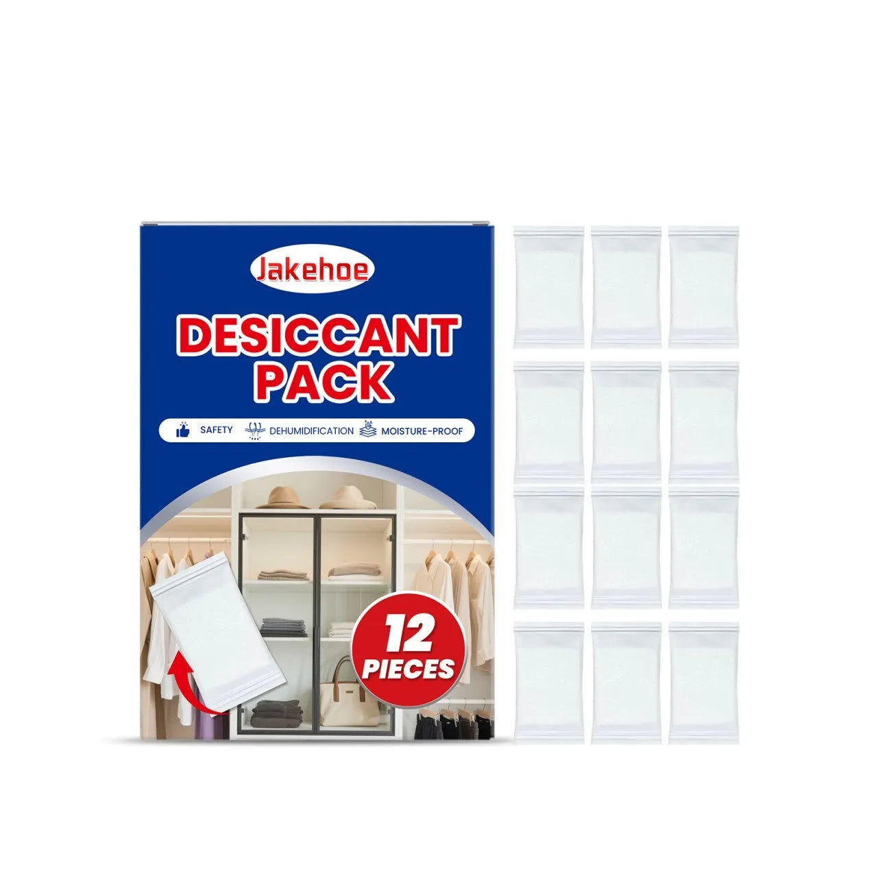 12 white anti-odor space desiccant packets with wood pulp casing for household moisture absorption.