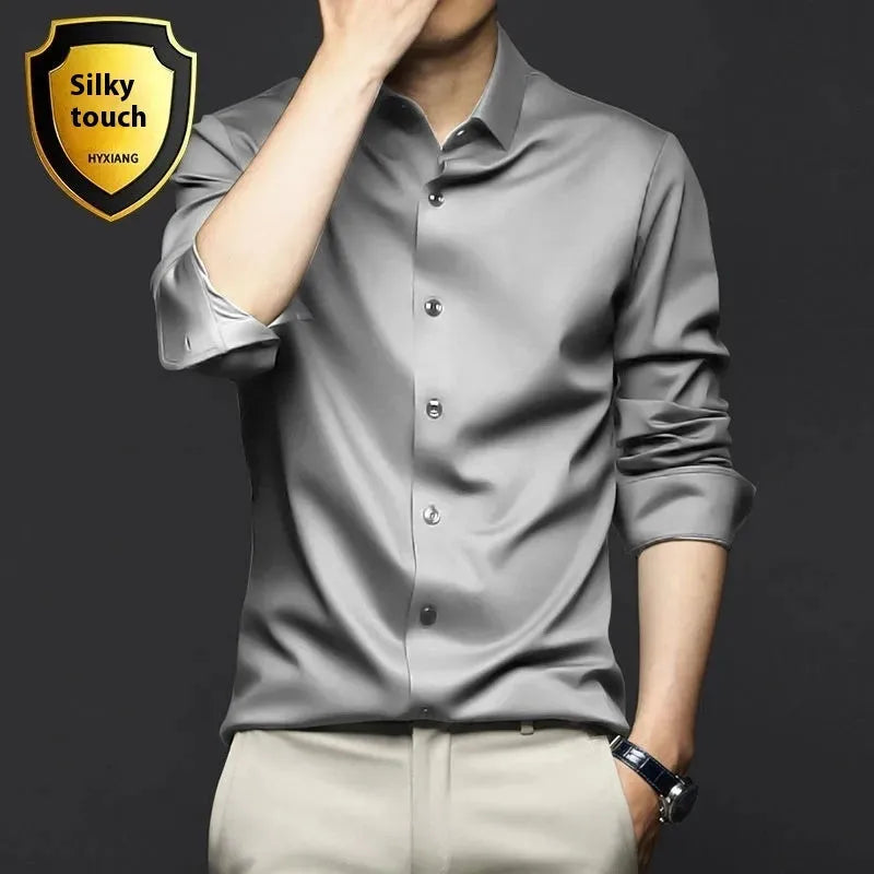Business high-end ice silk cardigan in solid colour with lapel collar, slim fit, long sleeves