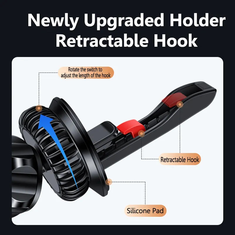 Air outlet snap on mobile phone holder car magnetic suction bracket silver and black alloy ABS construction