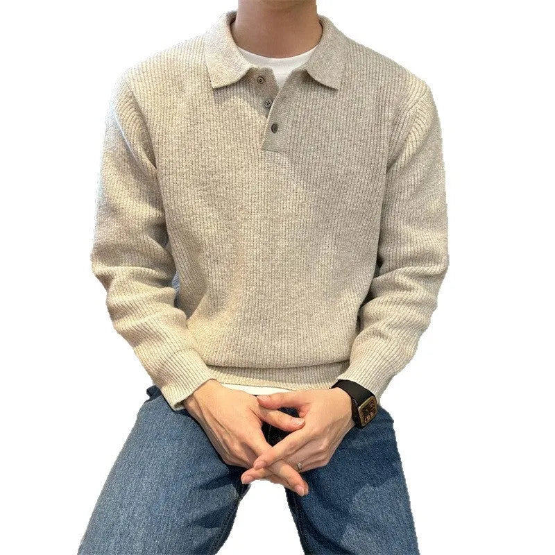 Men's loose fit lapel knitwear sweater in apricot, long sleeves, polyester fibre