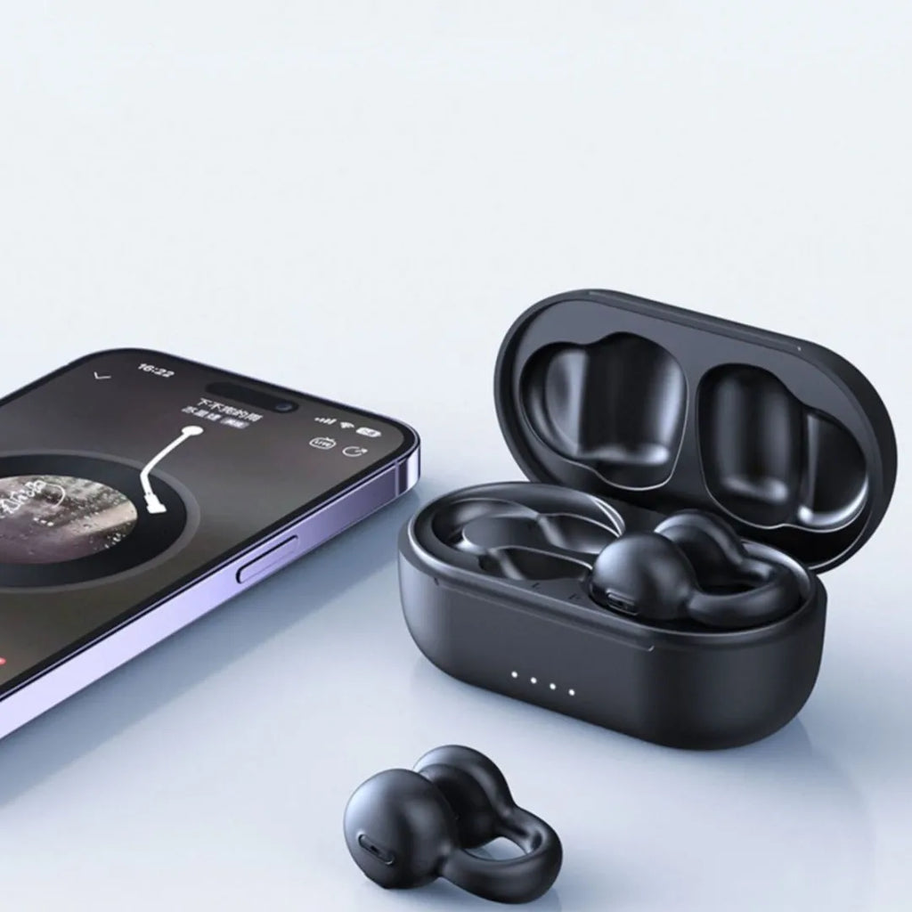 I20 wireless bone conduction sports Bluetooth headset in black with ear clip design and ABS build
