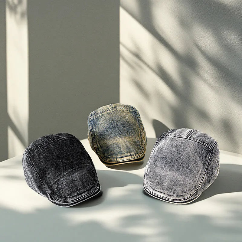 Men's forward baseball cap style hat with flat top crown design in denim blue cotton fabric