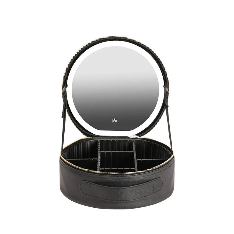 Round smart LED makeup bag with integrated mirror lights in cherry blossom pink colour with lattice partitions visible