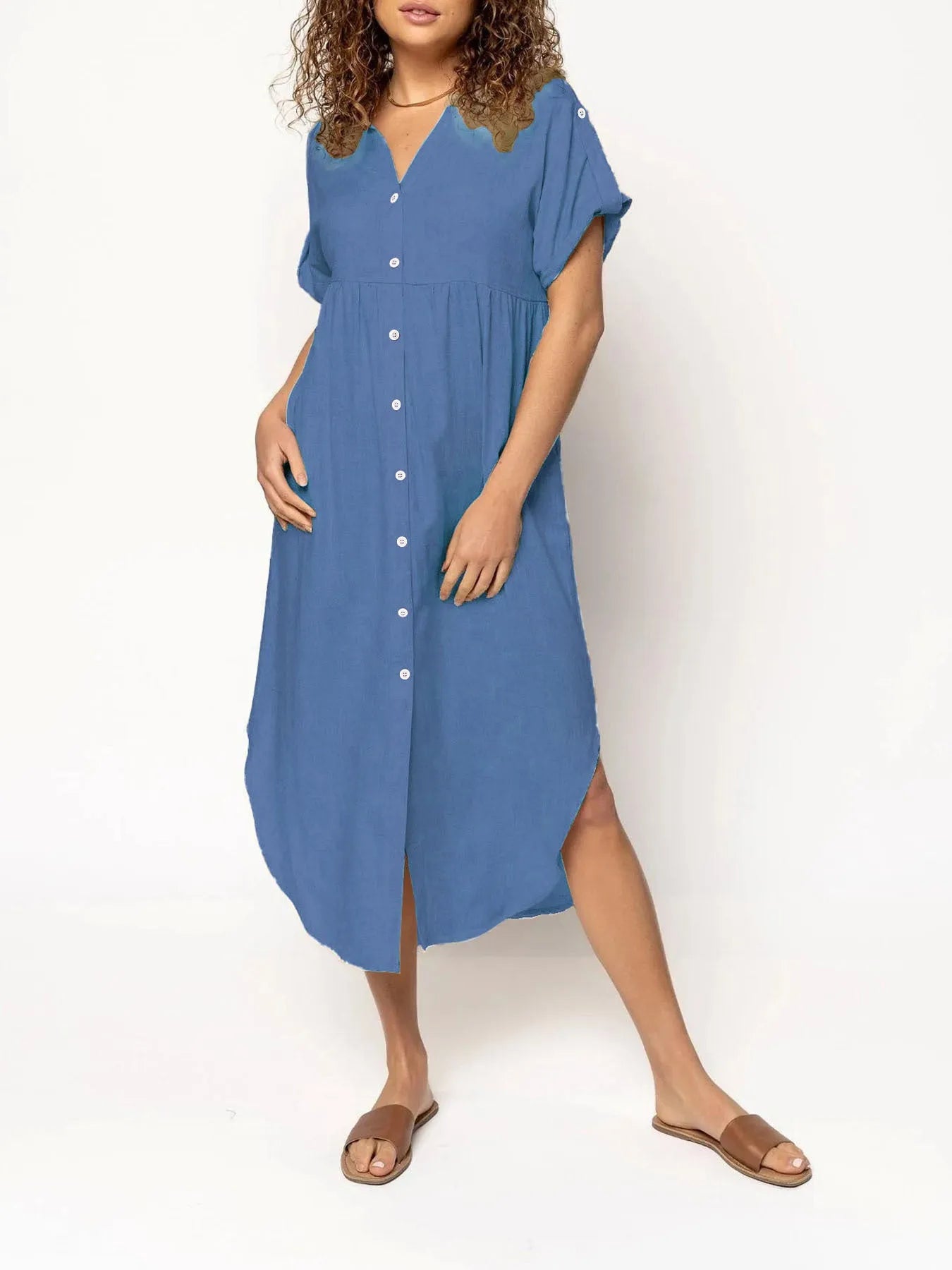 Mid-length casual dress with button front in solid colour, Japanese Korean style with regular sleeves