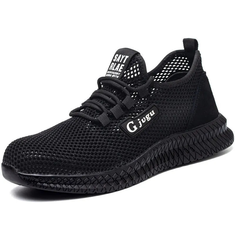 Men's low-top Flyknit safety work shoes in black, featuring a steel toe cap.
