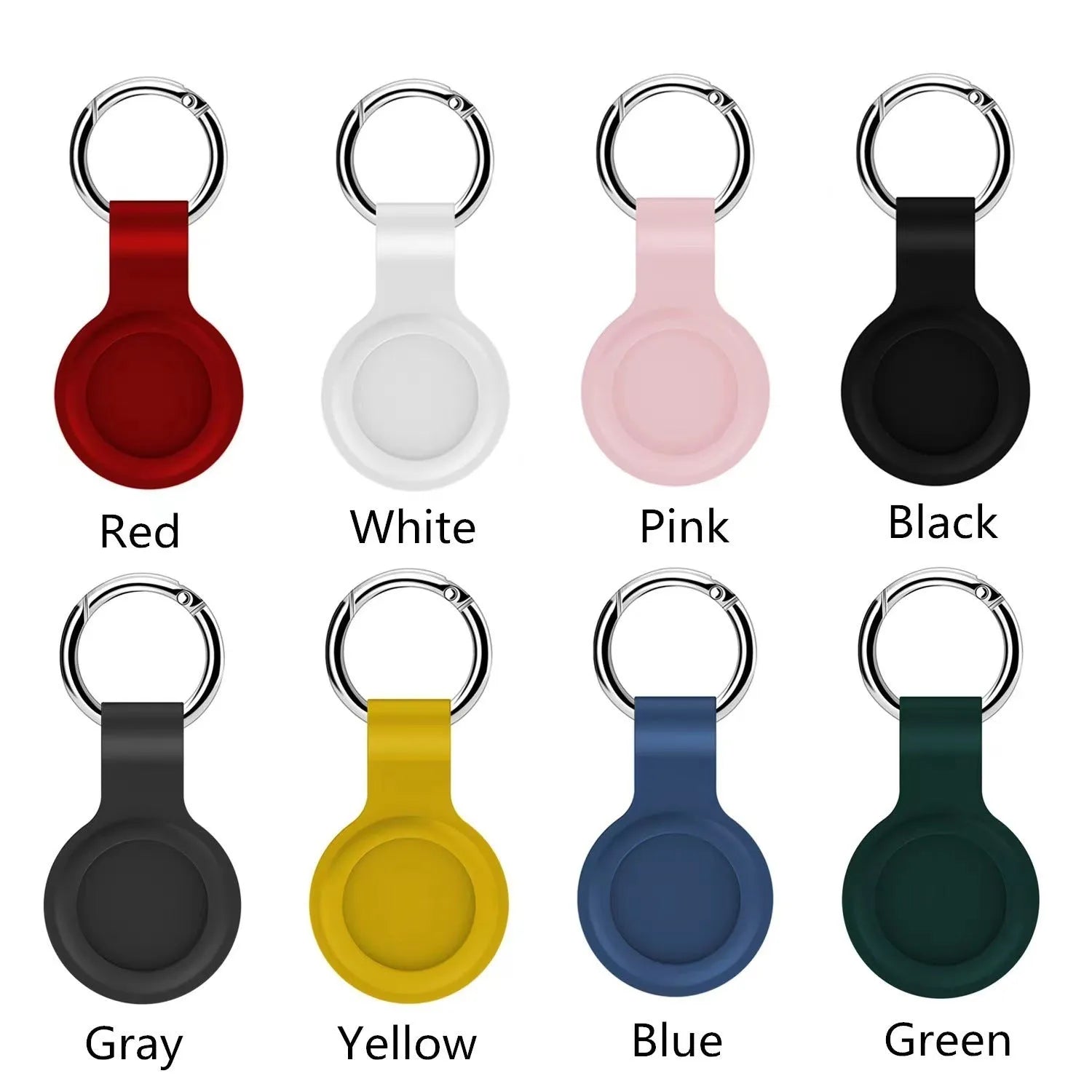 Silicone protective case with metal keychain snap for Apple AirTag in multiple colours.