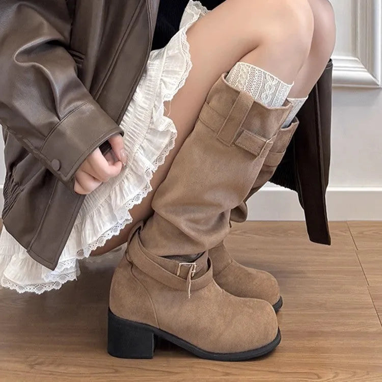 Khaki suede women's pleated pile fashion boots with waterproof platform and mid heel