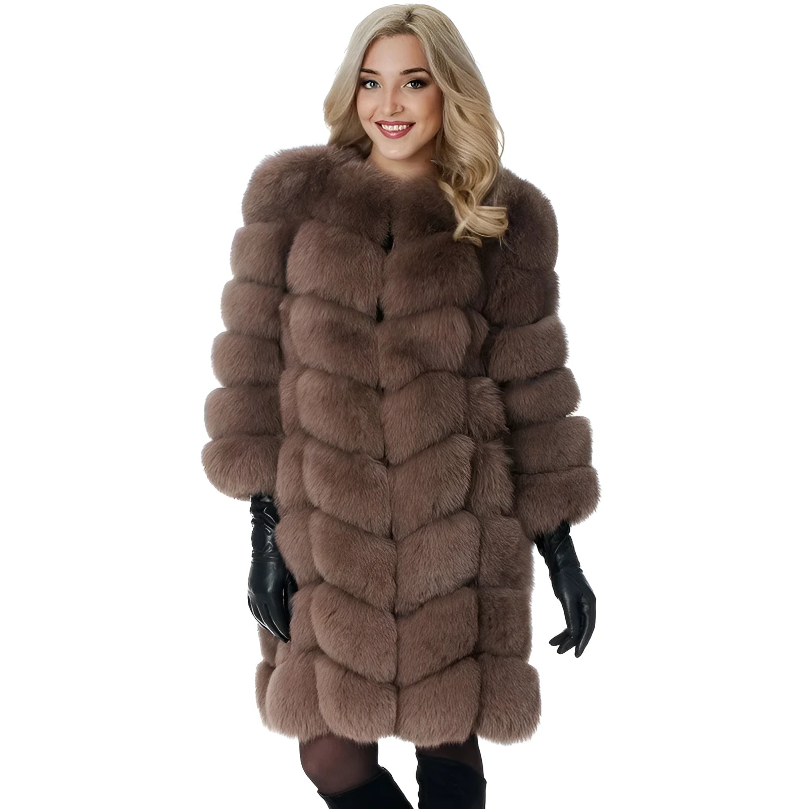 Women's long artificial fur coat in a choice of colours including apricot and black, showing regular sleeves.