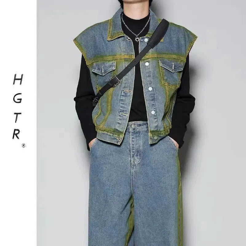 Blue distressed vest and jeans set with colour gradient spray effect and fleece lining