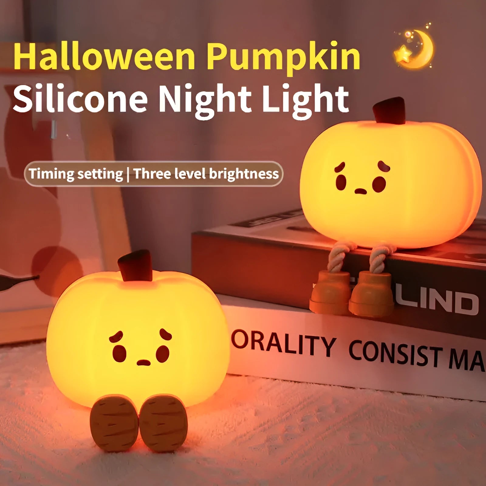 Soft orange pumpkin-shaped silicone night light with a warm glow, showing its compact size on a table.