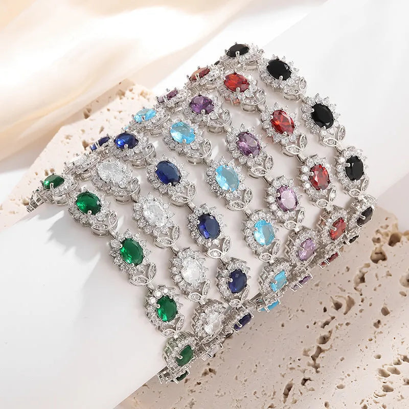 Simple zircon bracelet for women with electroplating finish in gemstone colour variations