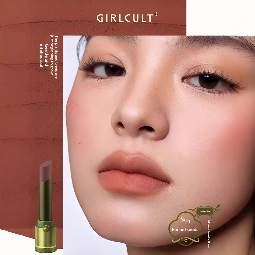 Matte brown lip mud in tube with applicator wand, low-saturation nude earth tone colour