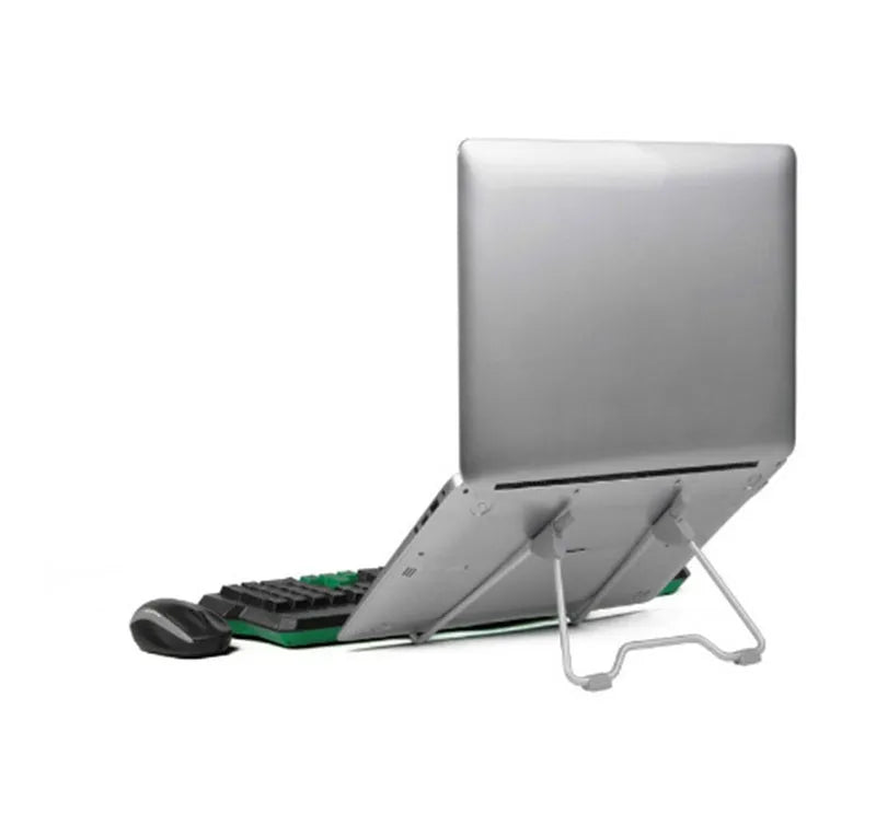 Grey adjustable aluminium alloy stand holding a mobile phone on a desk.