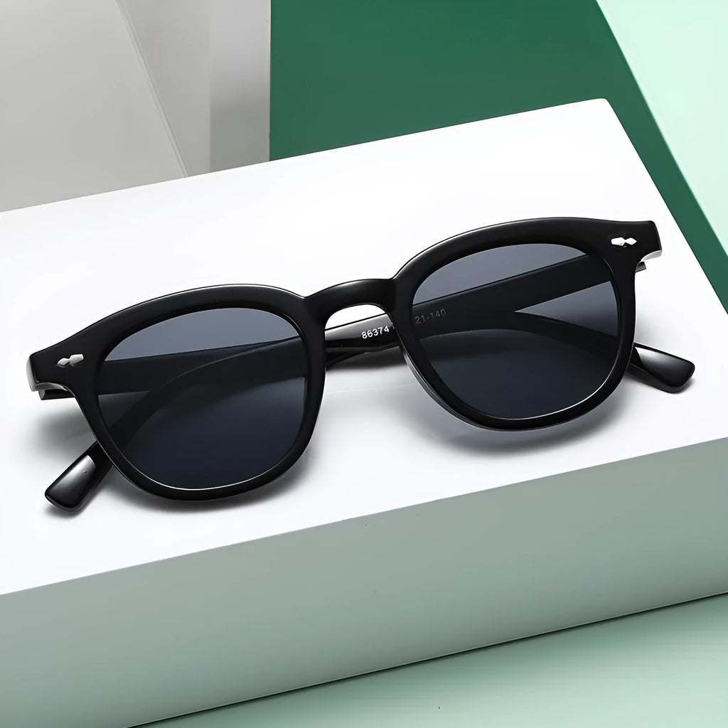 Beige retro round sunglasses with PC lens and metal hinge construction in multiple colour options