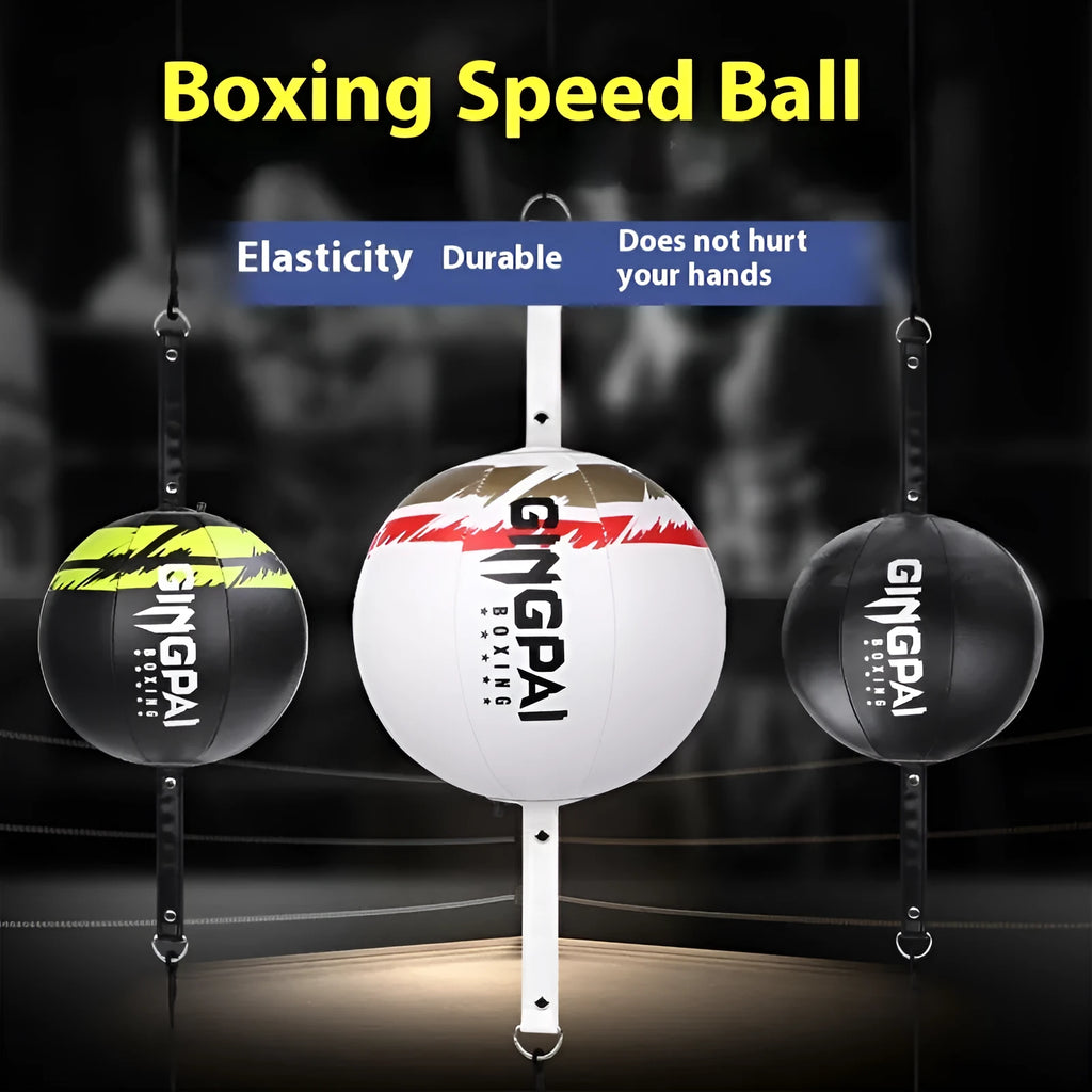 Black and green PU leather hanging boxing speed ball for reaction training.