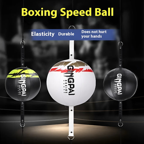 Black and green PU leather hanging boxing speed ball for reaction training.