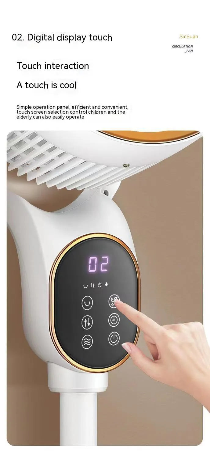 White air circulator fan with lifting column and remote control on a dormitory desk