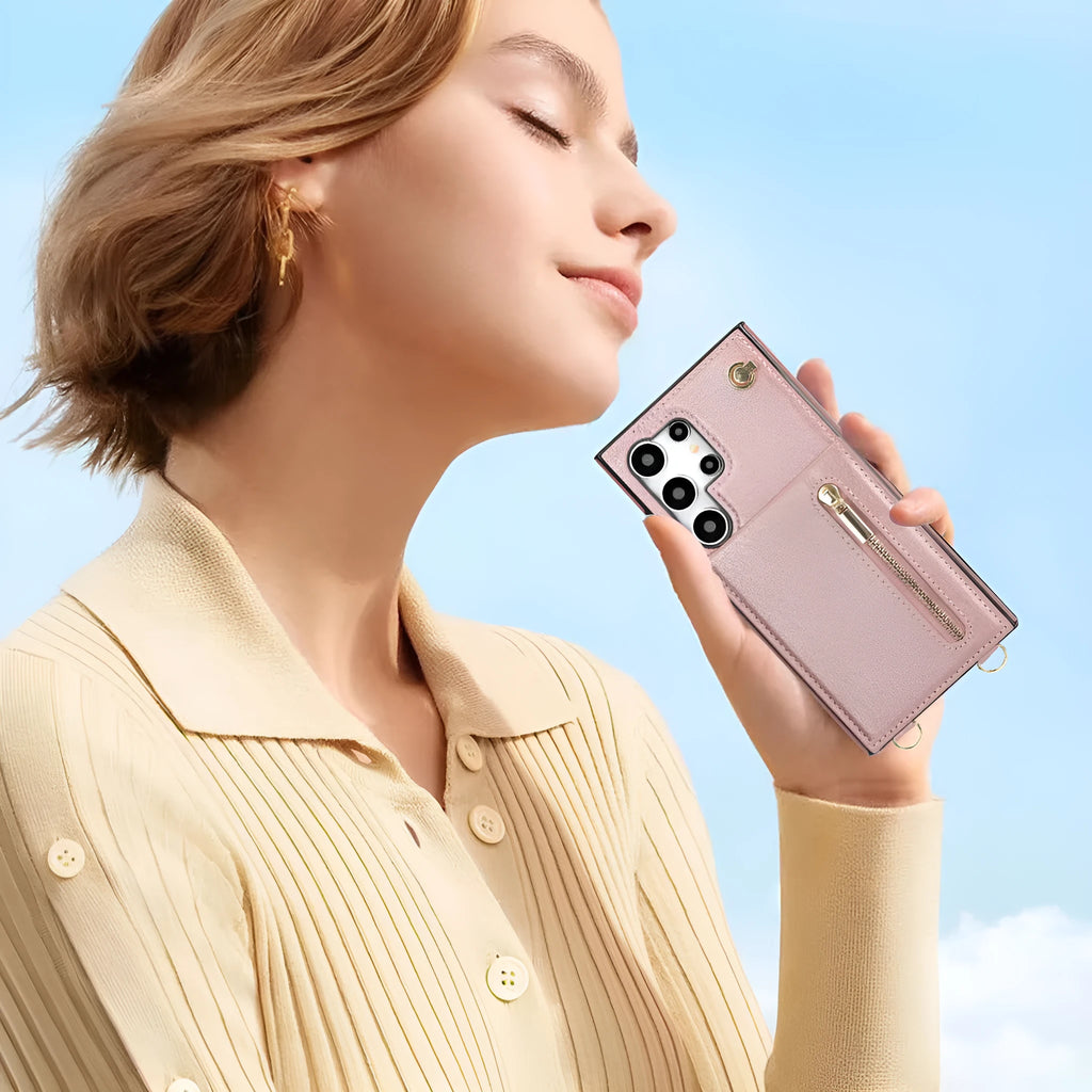 Handmade PU TPU leather Samsung phone case with bracket, card slots and crossbody zipper in multiple colours