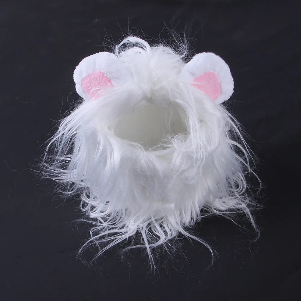 Lion headgear wig for a cat in black synthetic fur with an adjustable chin strap