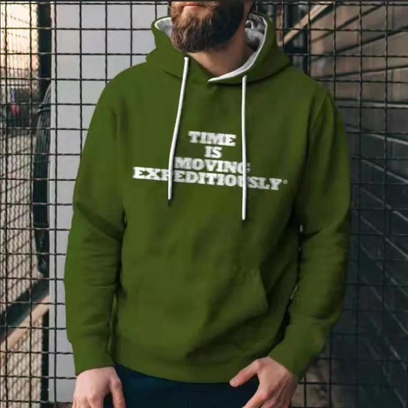 Men's solid colour polyester hoodie with 3D print, loose fit, round neck, long sleeves in black
