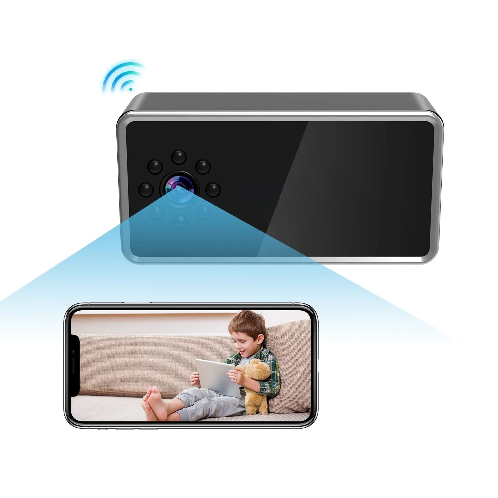 Wireless HD surveillance camera with compact dimensions for indoor security monitoring