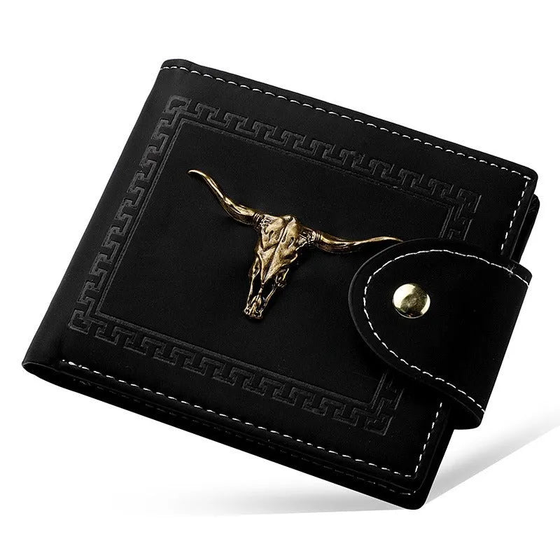 Black animal print men's wallet with multiple card slots and zipper closure
