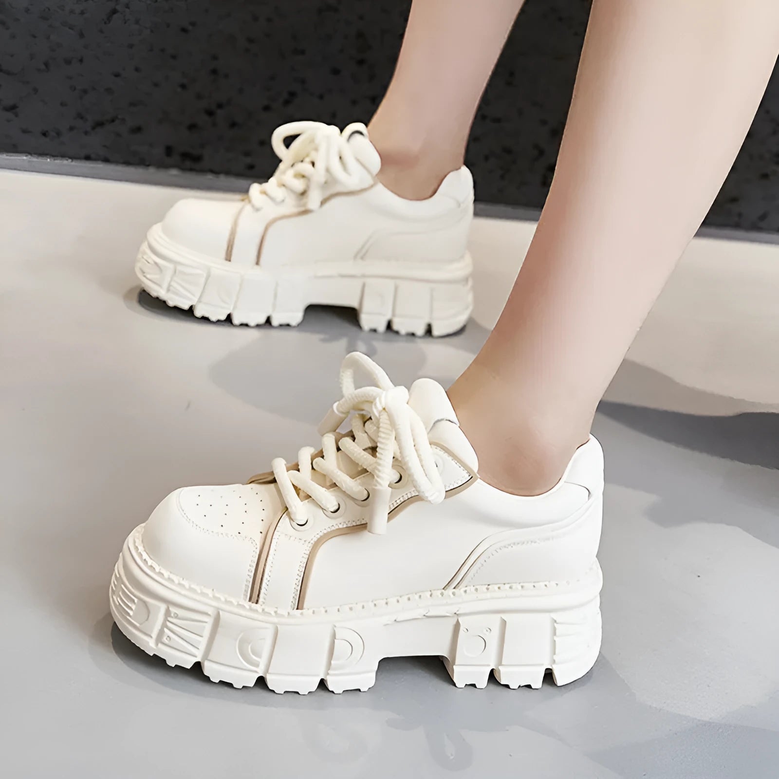 Women's beige leather casual shoes with muffin bottom sole design and rubber foam soles