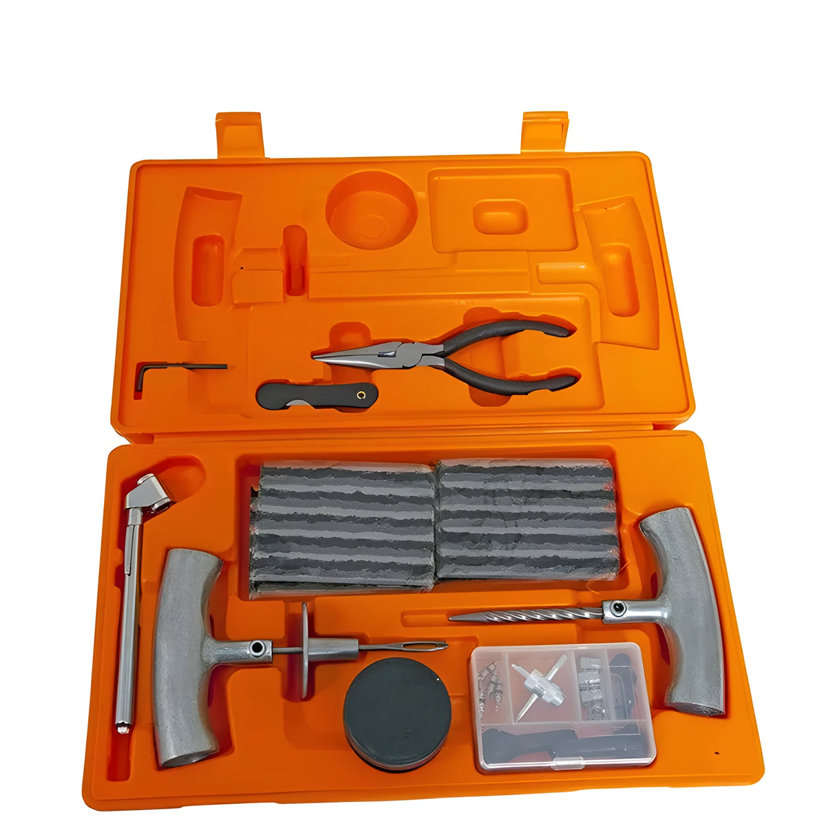 Emergency rubber strip tyre repair tool set in compact suitcase with gauge, insertion and reamer tools for tubeless radial tyres