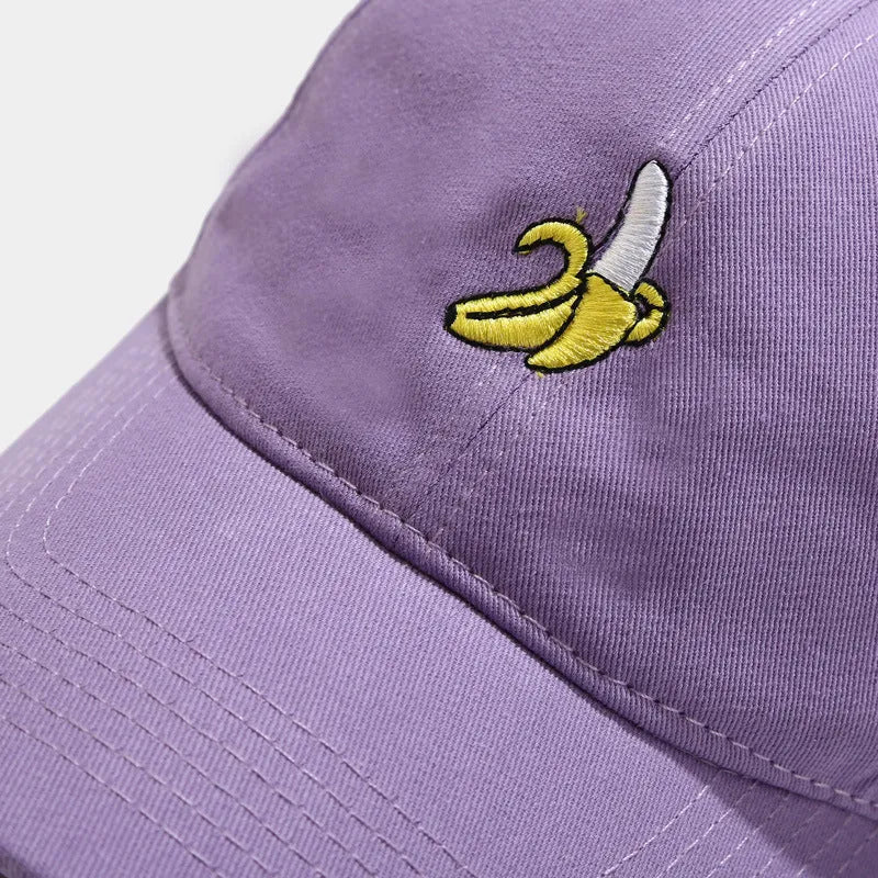 Curved dome crown baseball cap with embroidered banana fruit design in multiple colours