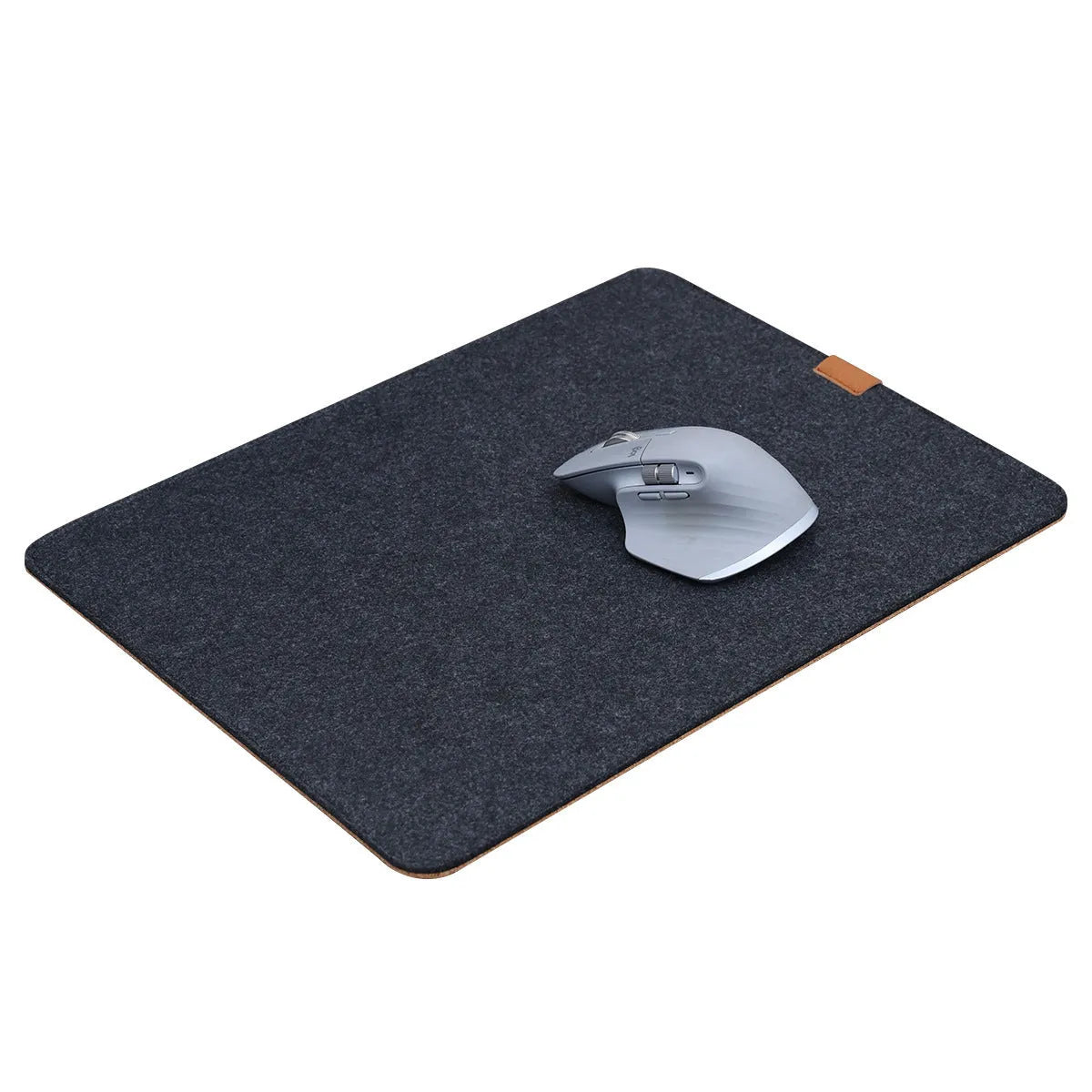 Felt cork desk mat in black gray pattern on a wooden desk with a mouse and keyboard