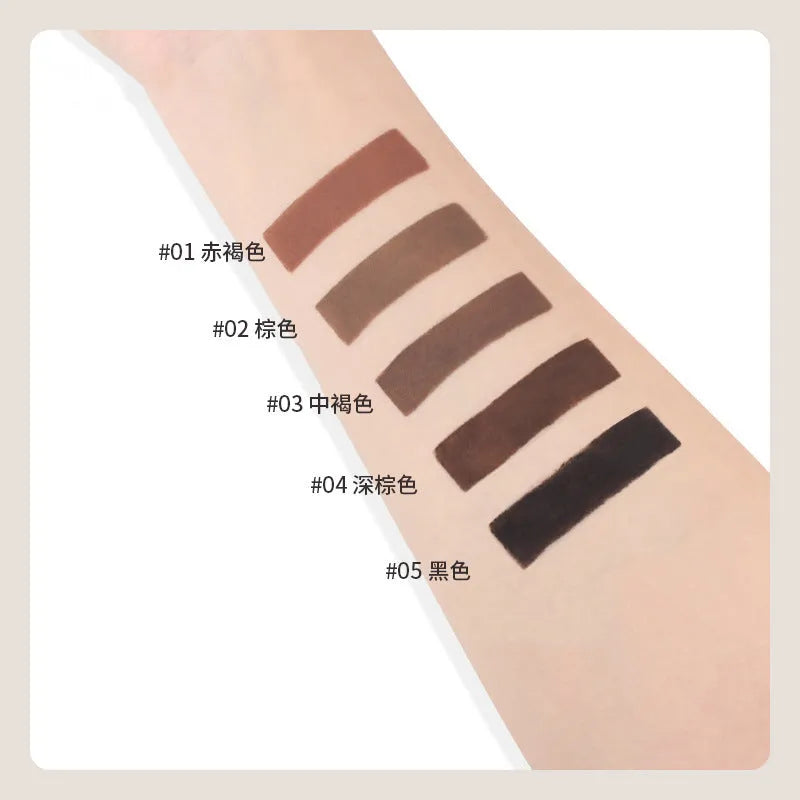Double-headed eyebrow cream tube with dual applicator shown in five colour shades.