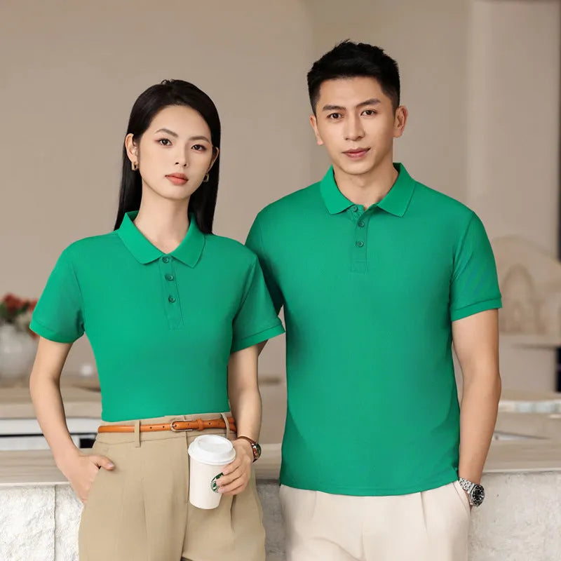Long-staple cotton summer polo shirt for staff uniforms in multiple colours on a size chart.