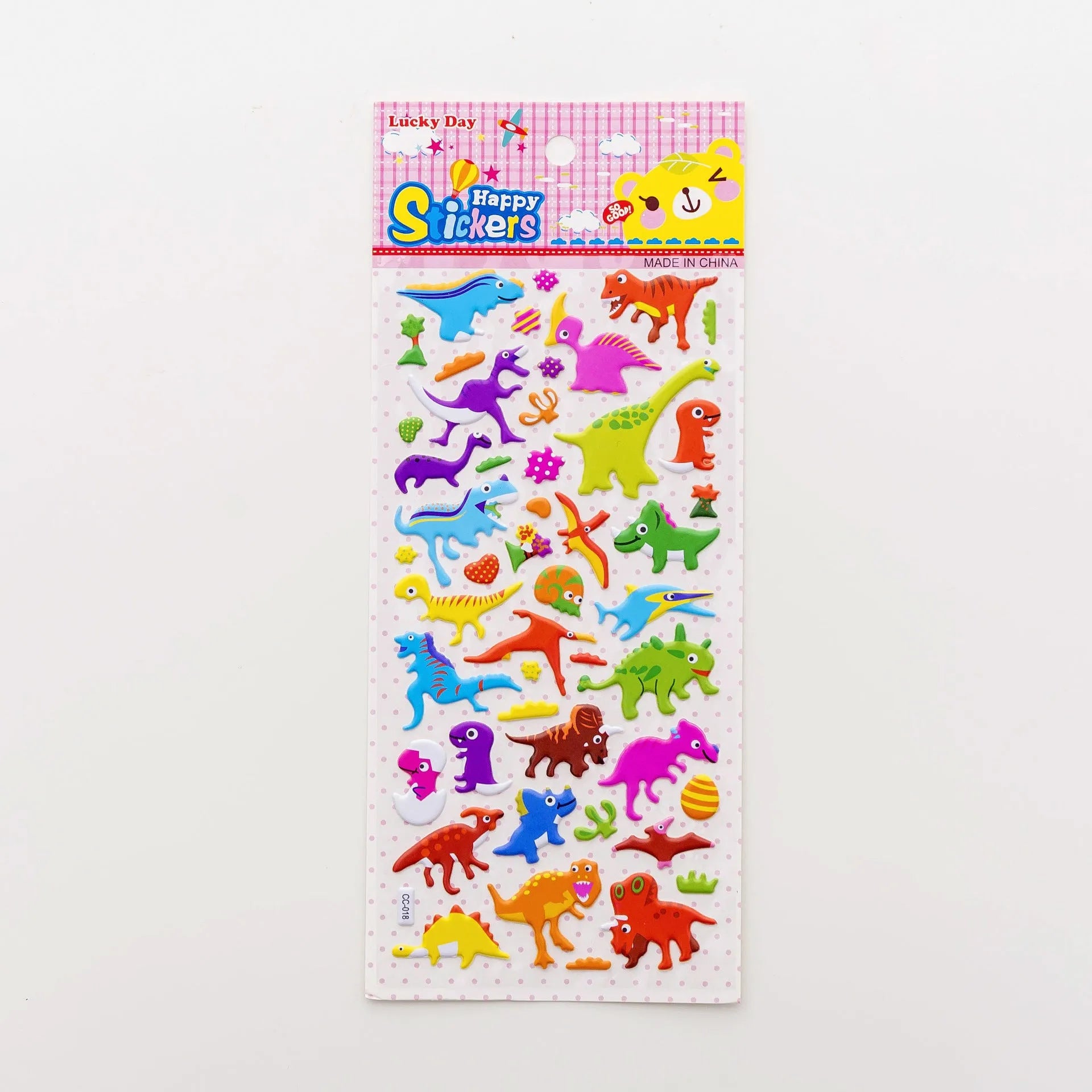 Cartoon three-dimensional bubble stickers sheet showing alpaca, forest animals, and dinosaur designs for hand account decoration