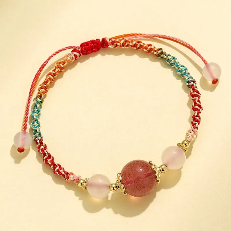 Hand-woven women's couple bracelet with gemstone beads and white agate straps in diamond pattern