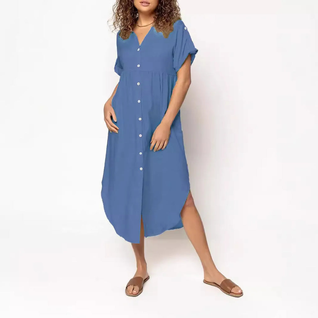 Mid-length casual dress with button front in solid colour, Japanese Korean style with regular sleeves