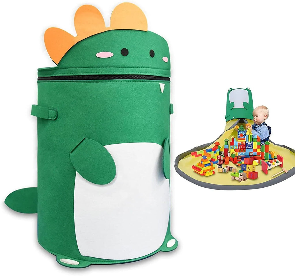 Green felt cube storage bag with pull rope closure shown as toy play mat