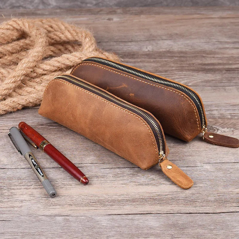 Handmade genuine cowhide leather square pencil case measuring 18cm with zipper closure in solid colour