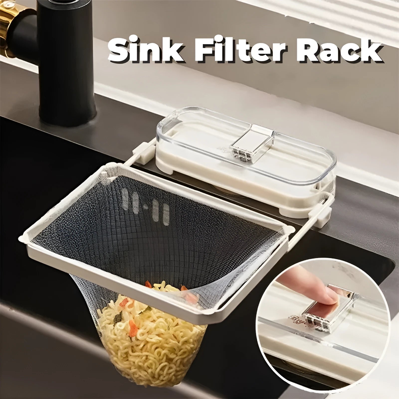 Dark green gold kitchen sink strainer with suction cups and fine mesh filter pocket