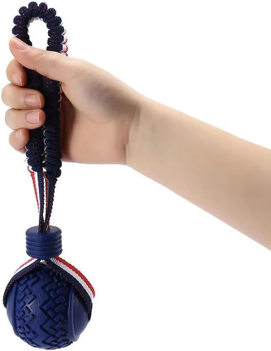 Blue dog ball with rope toy showing textured surface and cotton rope attachment