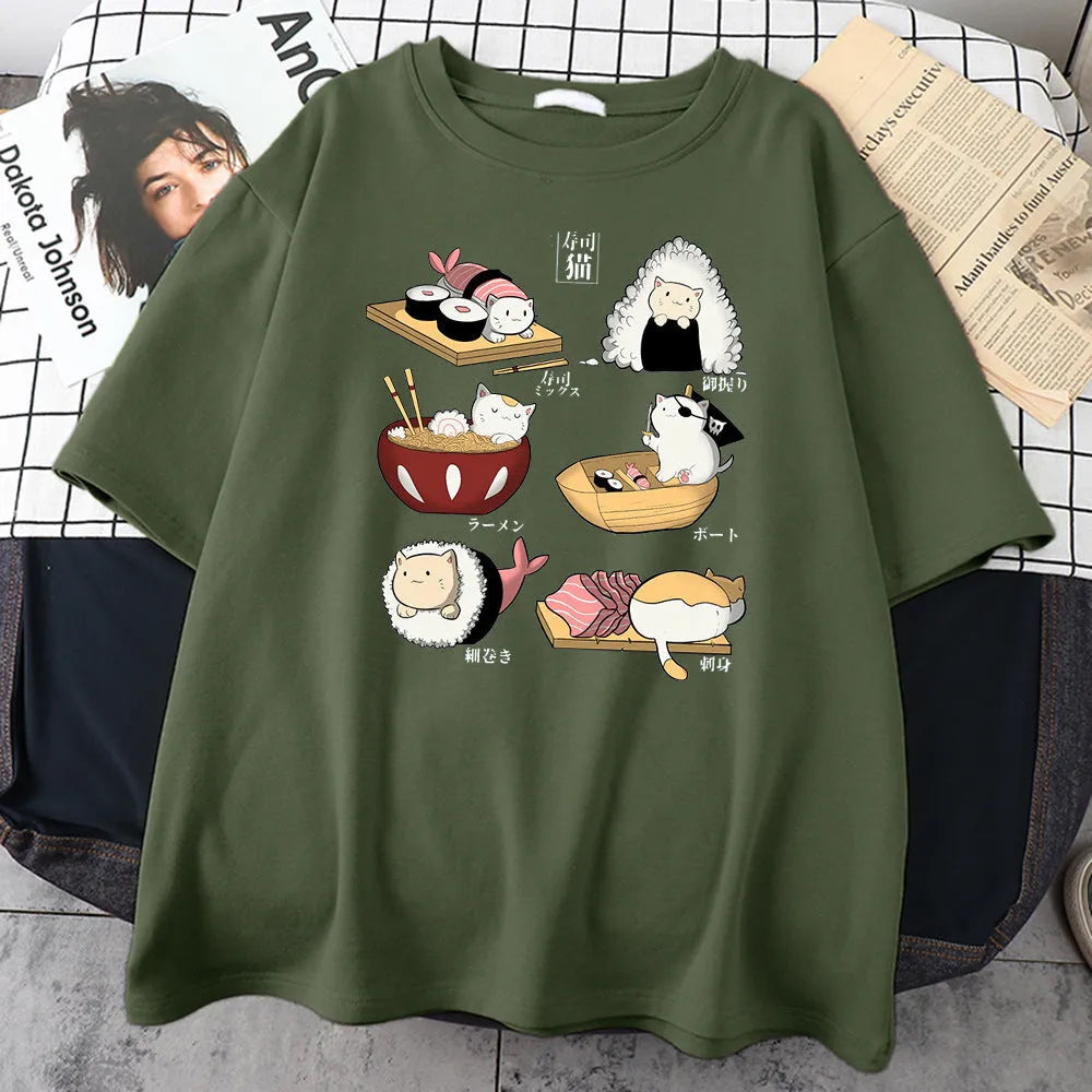 Men's black cotton T-shirt with white cat sushi cartoon design on chest, short sleeves, loose fit